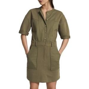 Reiss Emlyn Olive Green Panel Detail Button Front Utility Sweatshirt Dress Sz 6